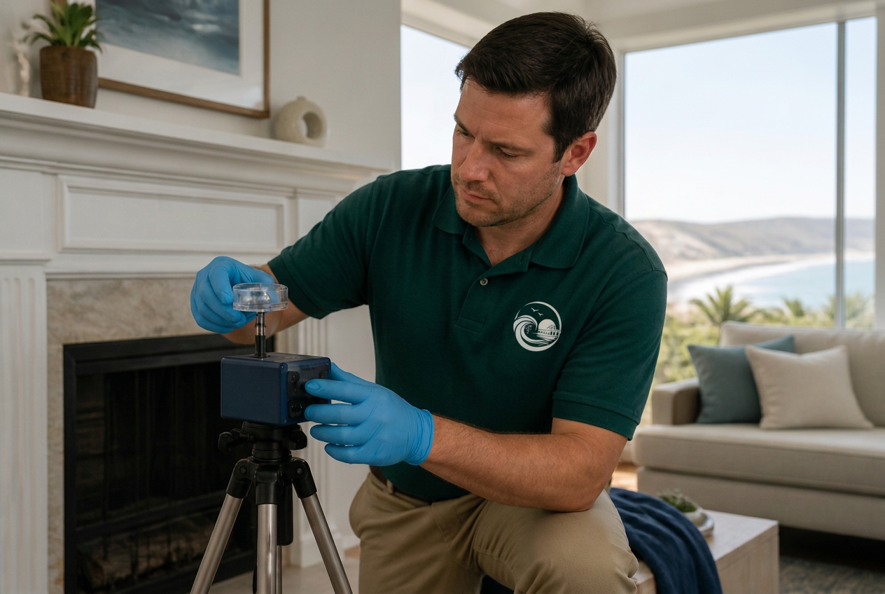 Air sampling pump and spore trap cassette collecting a mold air sample in a Manhattan Beach, CA home