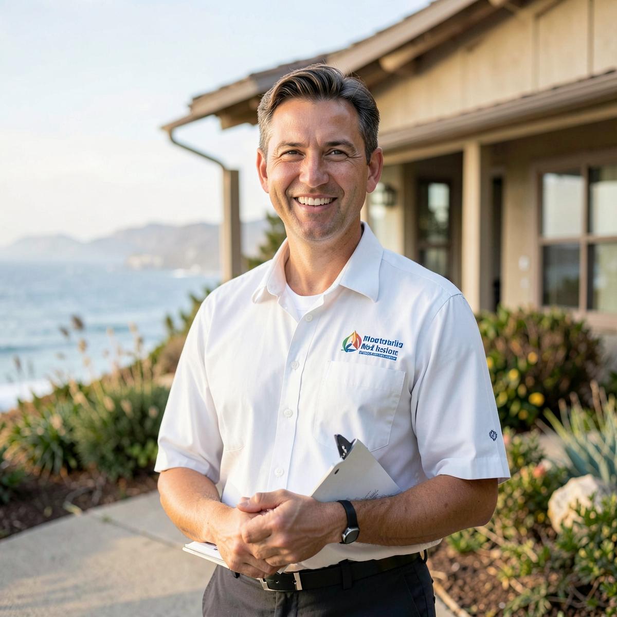 Certified mold inspector serving Manhattan Beach, CA standing outside a coastal home