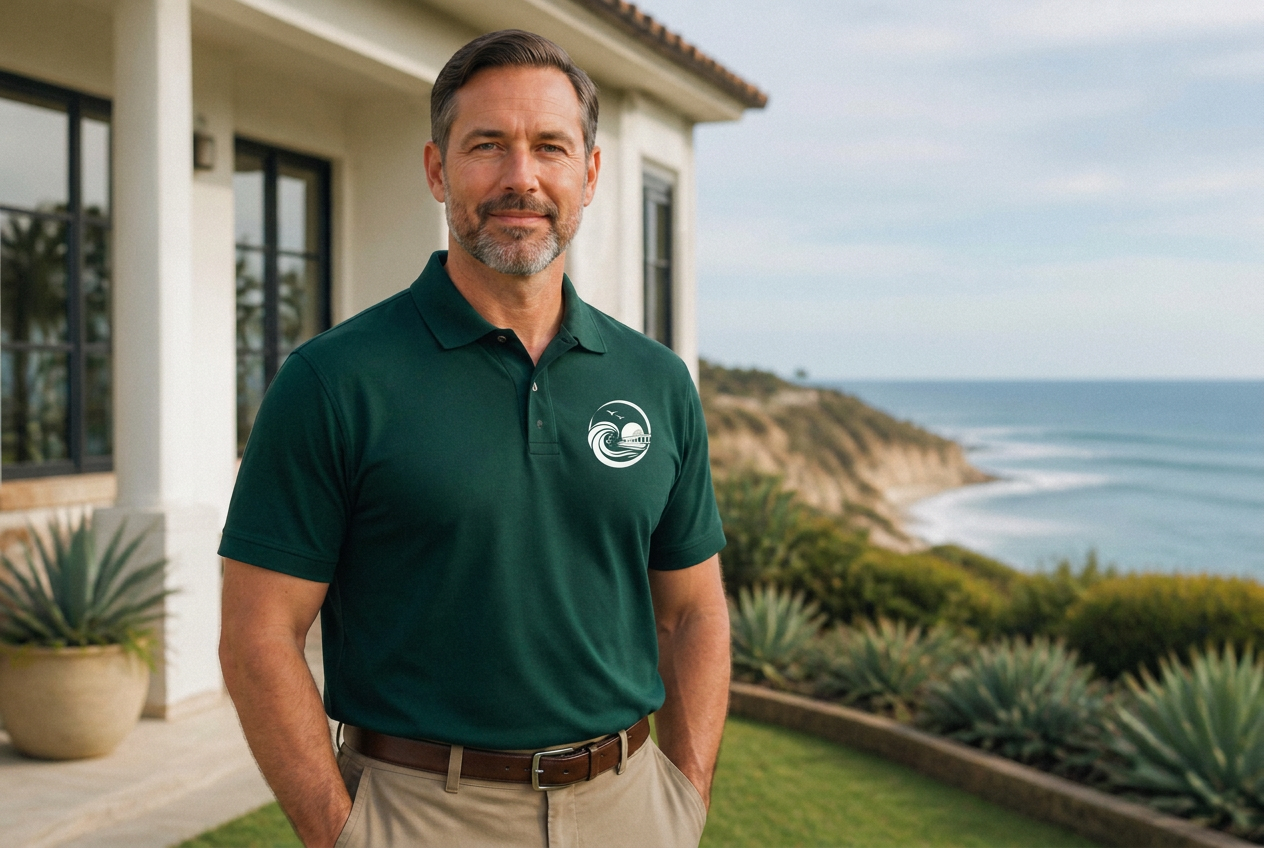 Certified mold inspector serving Manhattan Beach, CA standing outside a coastal home