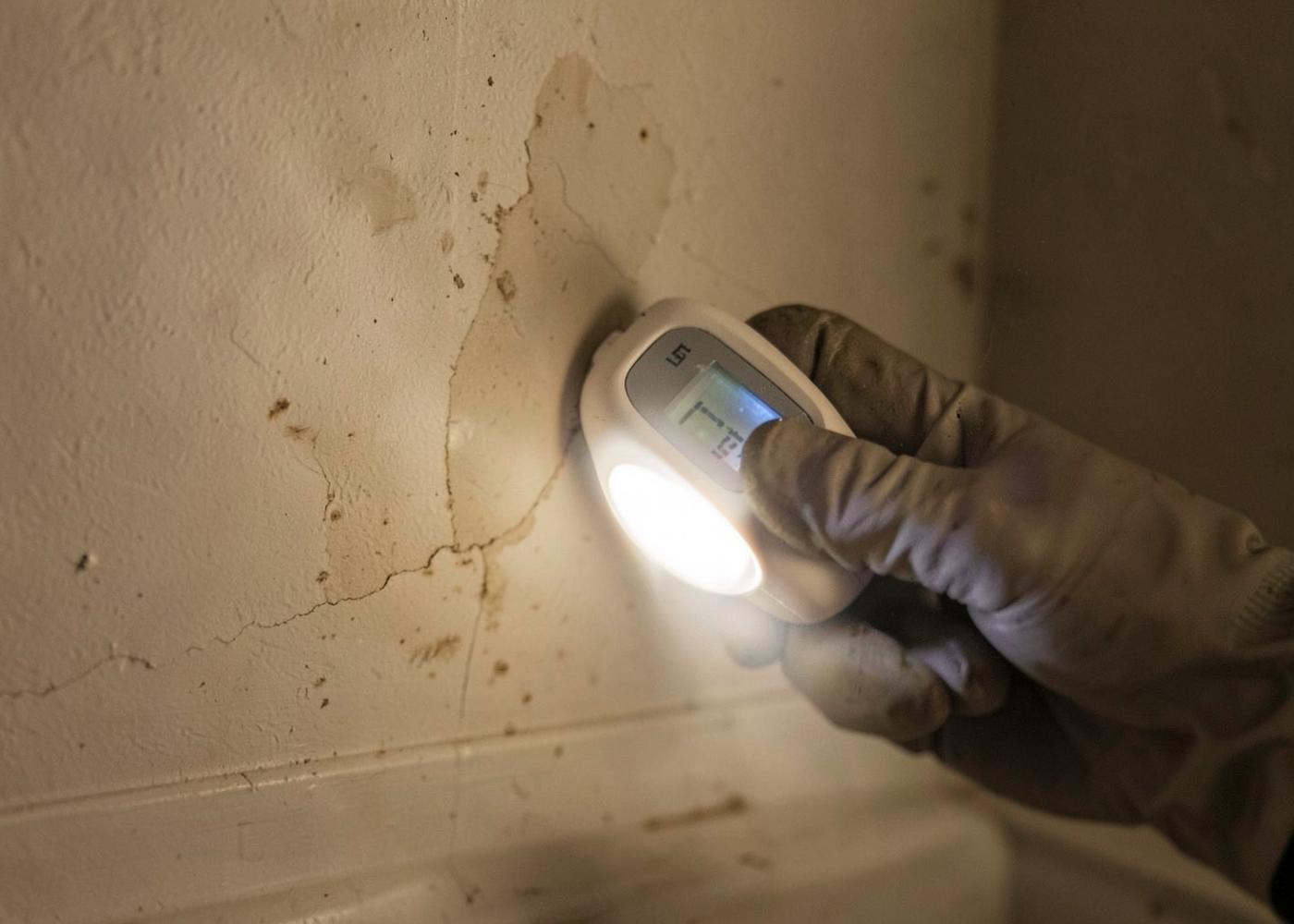 Moisture meter reading taken on damp drywall during a moisture detection inspection in Manhattan Beach, CA