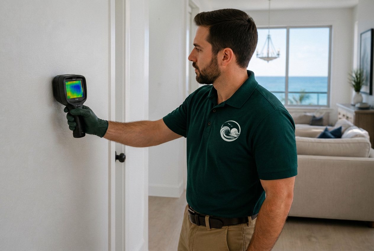 Mold inspector using a thermal camera and moisture meter during a mold inspection with a homeowner in Manhattan Beach, CA