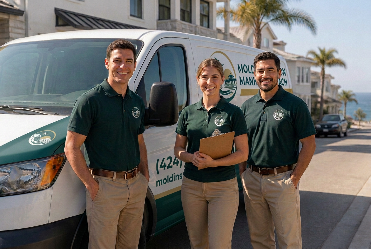 Uniformed mold inspection team beside their service van in Manhattan Beach, CA