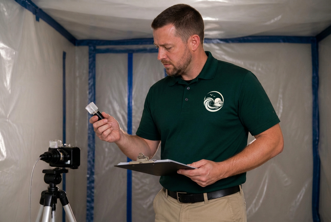 Clearance air sampling equipment set up for post remediation verification in Manhattan Beach, CA
