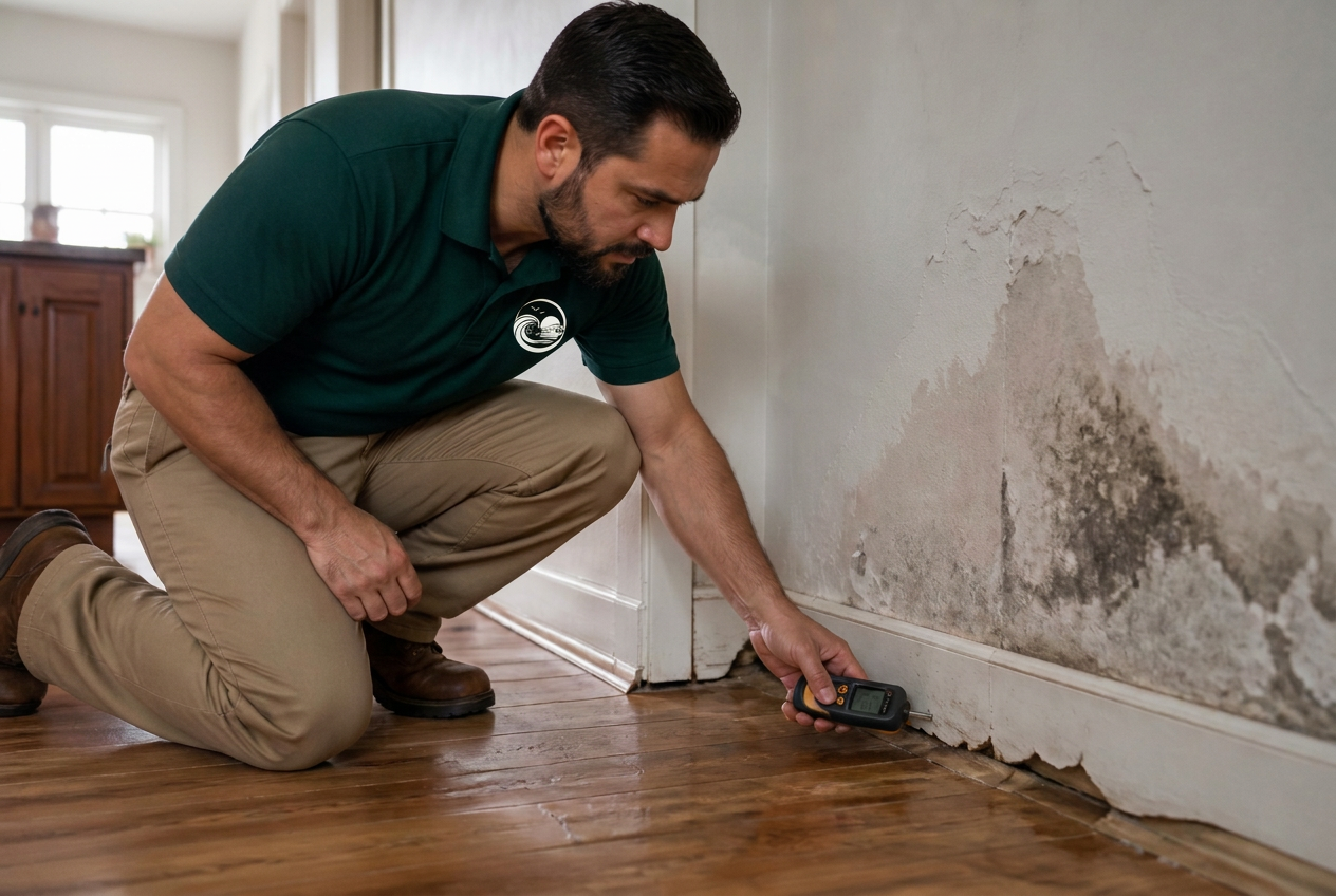 Moisture reading taken on water damaged drywall after a leak in Manhattan Beach, CA
