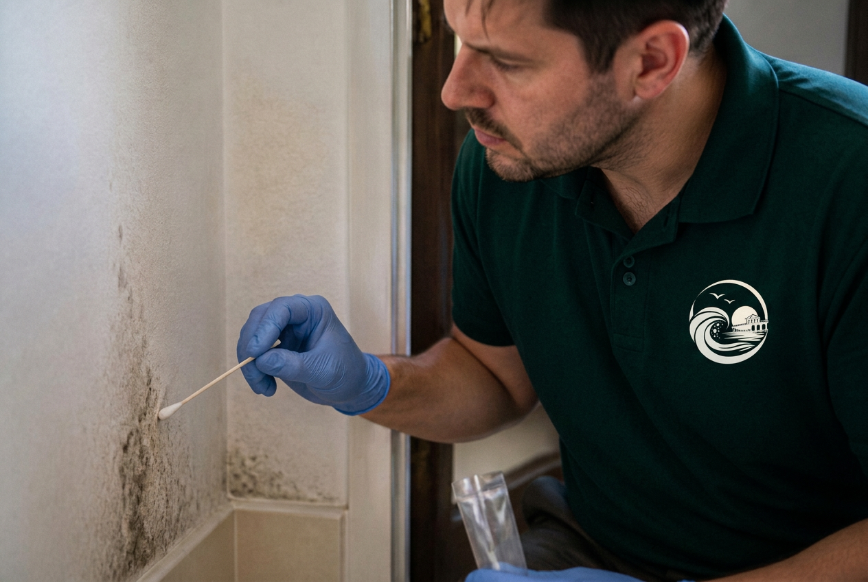 Inspector collecting a surface swab mold sample from a bathroom wall in Manhattan Beach, CA