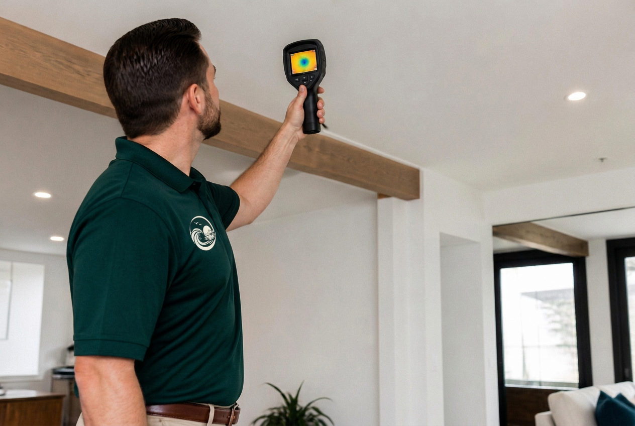 Mold inspector scanning a wall with a thermal imaging camera during an inspection in Manhattan Beach, CA